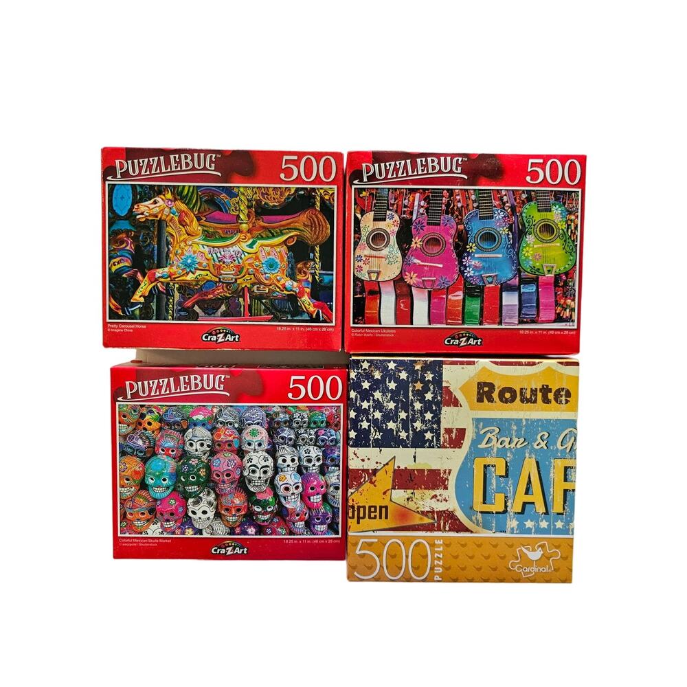 4 PUZZLES 500 pc each Rout 66 Guitars Carousel Skulls NEW Unopened 18 1/4" x 11"